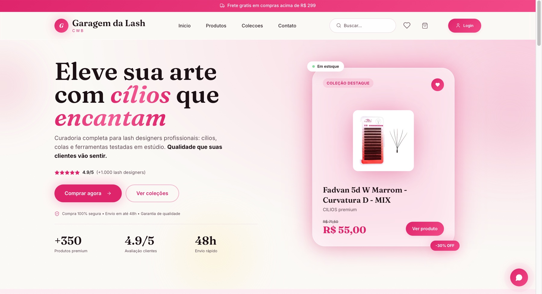 Tela inicial do projeto Garagem da Lash